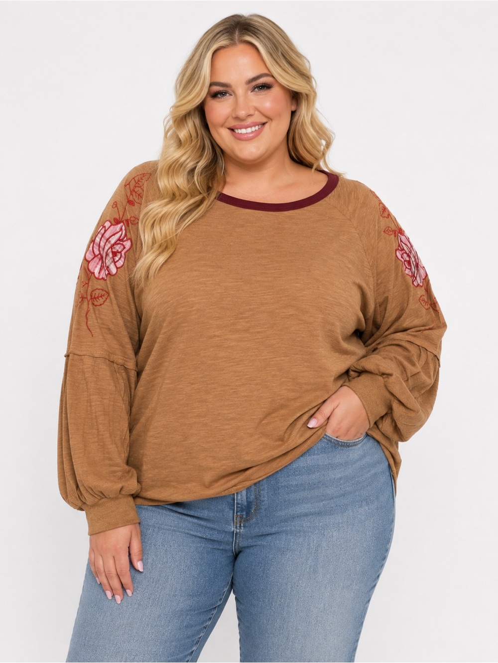 Oddi Size 2XL Camel Floral-Embroidered Long Sleeve Top